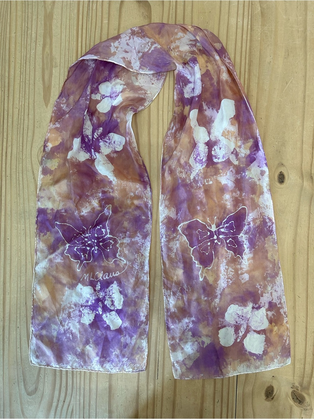Silk Butterfly Watercolor Wrap Scarf in Purple and Tan